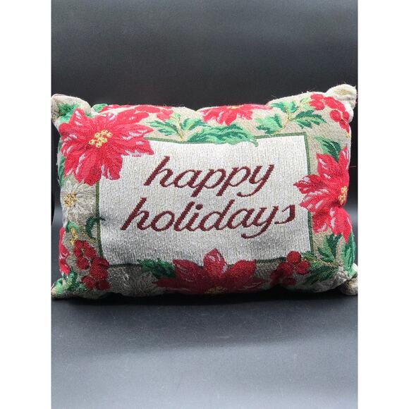 Happy Holidays 2 Needlepoint Petit Retangle Couch Throw Pillows Red Poinsettia - Picture 2 of 8